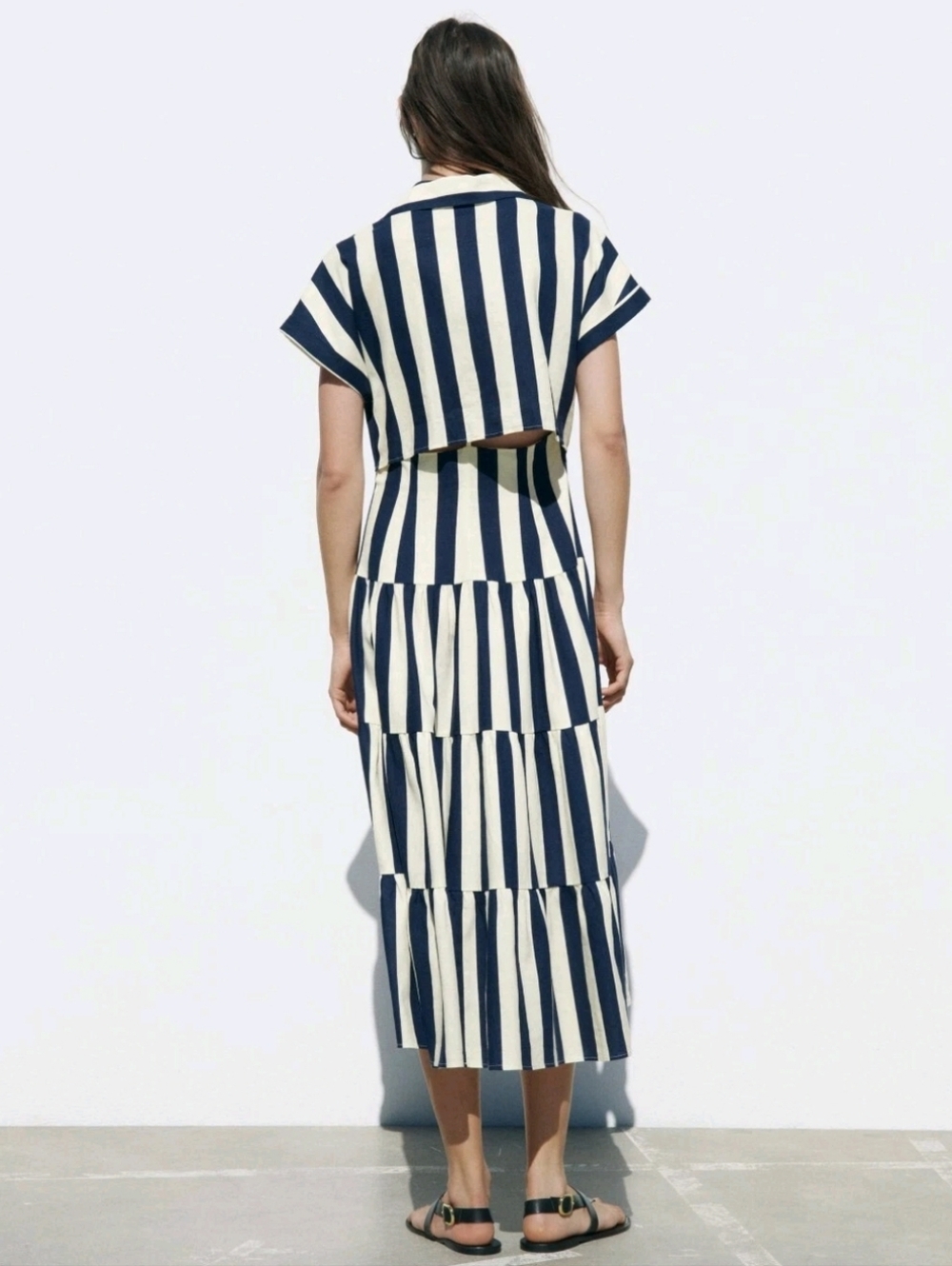 Zara Striped Tiered Linen Blend Cut Out Midi Shirt Dress Nautical Coastal Boho - Picture 3 of 16